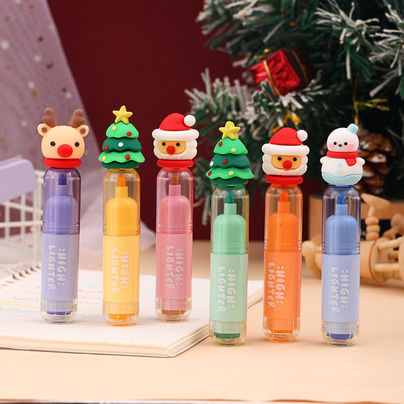 圣诞节荧光笔小学生专用公仔印章涂鸦笔可爱高颜值六色手帐笔奖品