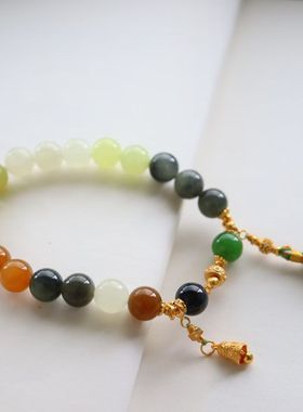 天然和田多宝玉手串女款8mm圆珠手链转运珠平安祈福925银配饰