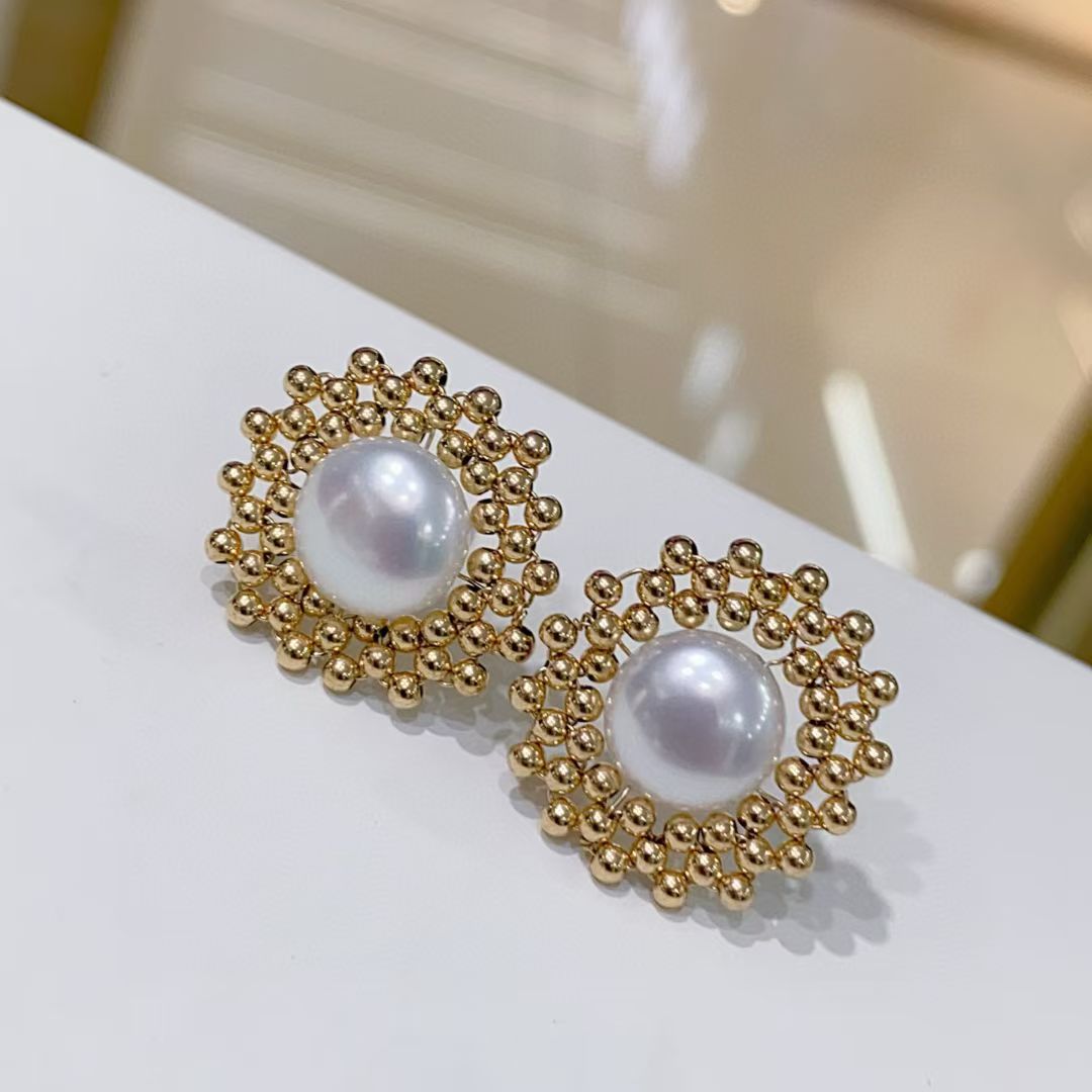 天然淡水珍珠耳环耳针加美国进口14k包金太阳造型时尚简约百搭