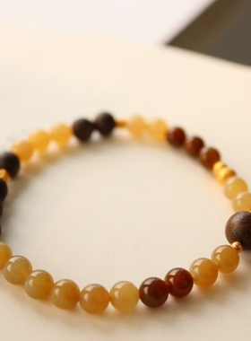 天然和田糖料手串女款s925银镀18k6mm圆珠手链转运珠新中式手链