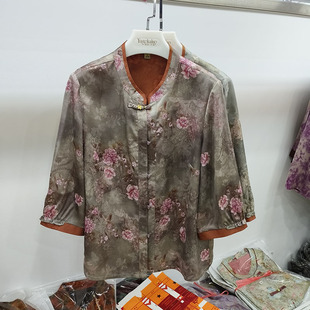 上衣服中老年人丝缎福太太 女绸缎新中式 品牌奶奶夏装 香云纱衬衫