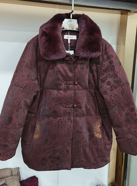 獭兔毛领中老年羽绒服女短款妈妈冬老人奶奶加厚鹿皮绒外套福太太