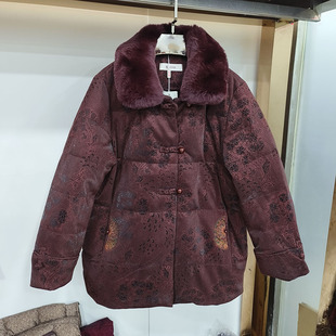 獭兔毛领中老年羽绒服女短款妈妈冬老人奶奶加厚鹿皮绒外套福太太