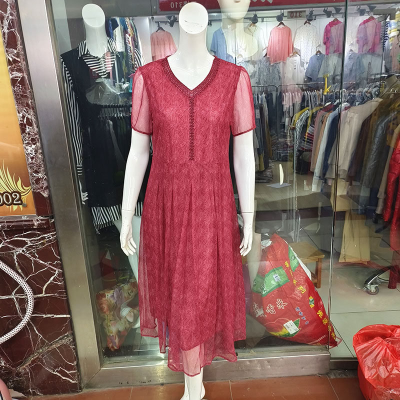 蓝泰甘夫人2026短袖V领网纱印花连衣裙中年女夏装洋气中长裙夏装