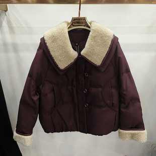 羽绒服冬 口毛拉链斜三粒扣短装 芳华依米莎25D052 羊羔毛娃娃领袖