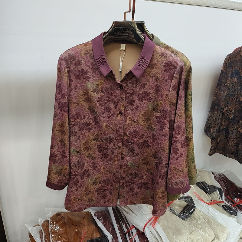 绸缎YYD2617春季新款时尚中老年女印花衬衫福太太妈妈装上衣T恤