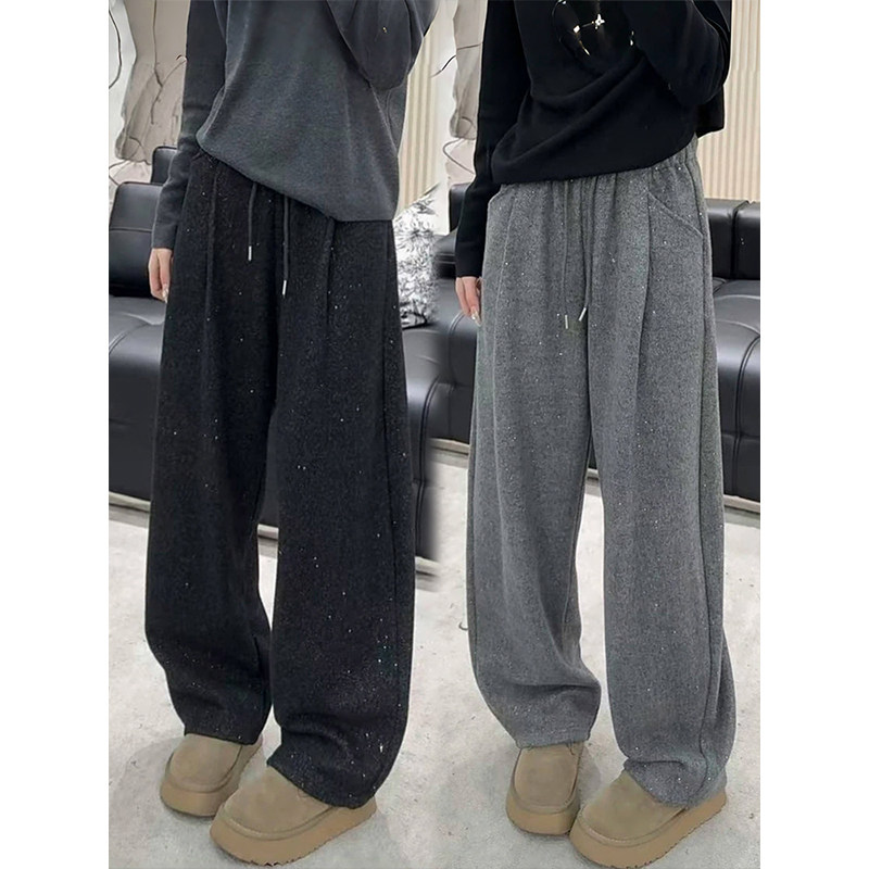 韩版复古加绒加厚直筒阔腿裤女秋冬新款亮闪闪设计感显瘦弯刀裤