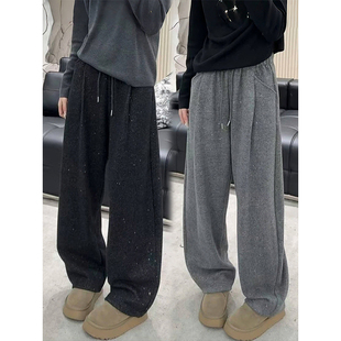 韩版复古加绒加厚直筒阔腿裤女秋冬新款亮闪闪设计感显瘦弯刀裤