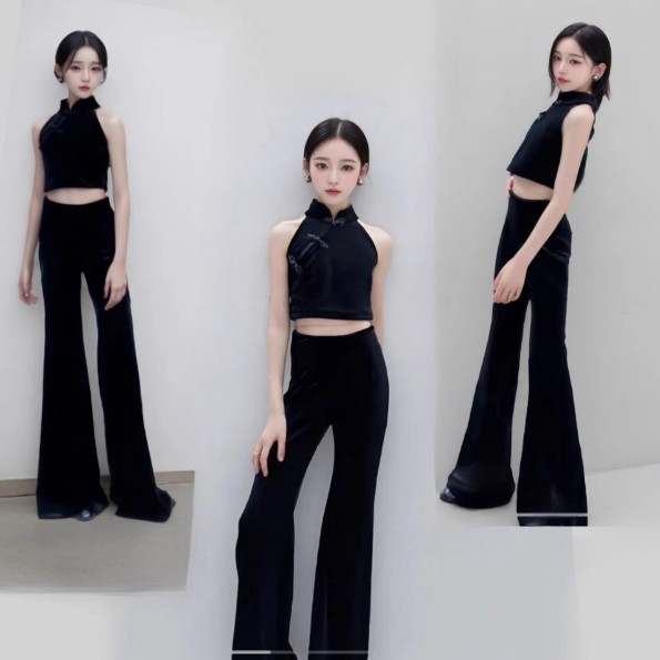 女童模特走秀服装黑色t台走秀服