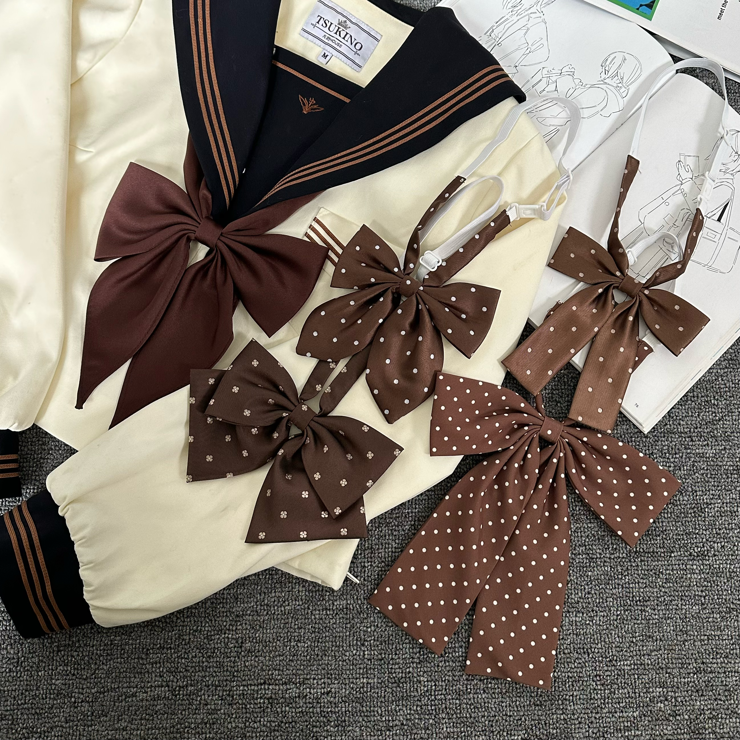 shindek咖啡色波点长柄领结校供感学生jk制服棕栗色秋冬蝴蝶结女