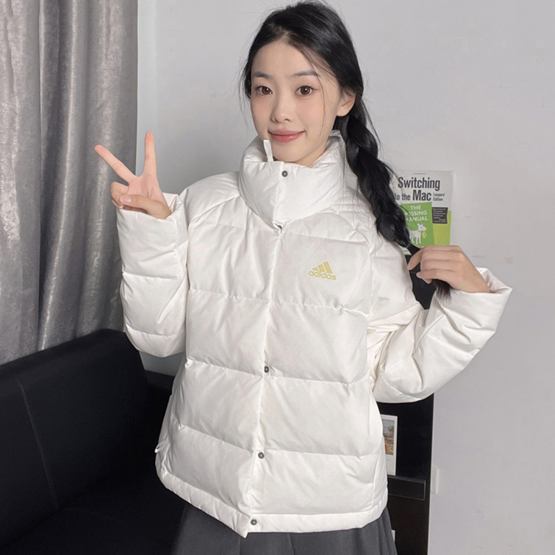 阿迪达斯羽绒服女款新款立领白色短款鸭绒保暖面包服厚外套女