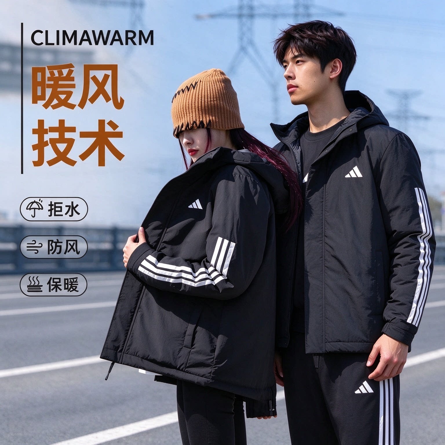 Adidas阿迪达斯棉服男女官方正品秋冬季新款情侣黑色保暖连帽外套