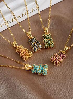 速卖通跨境新款彩色小熊项链女小众设计气质高级感时尚钛钢锁骨链