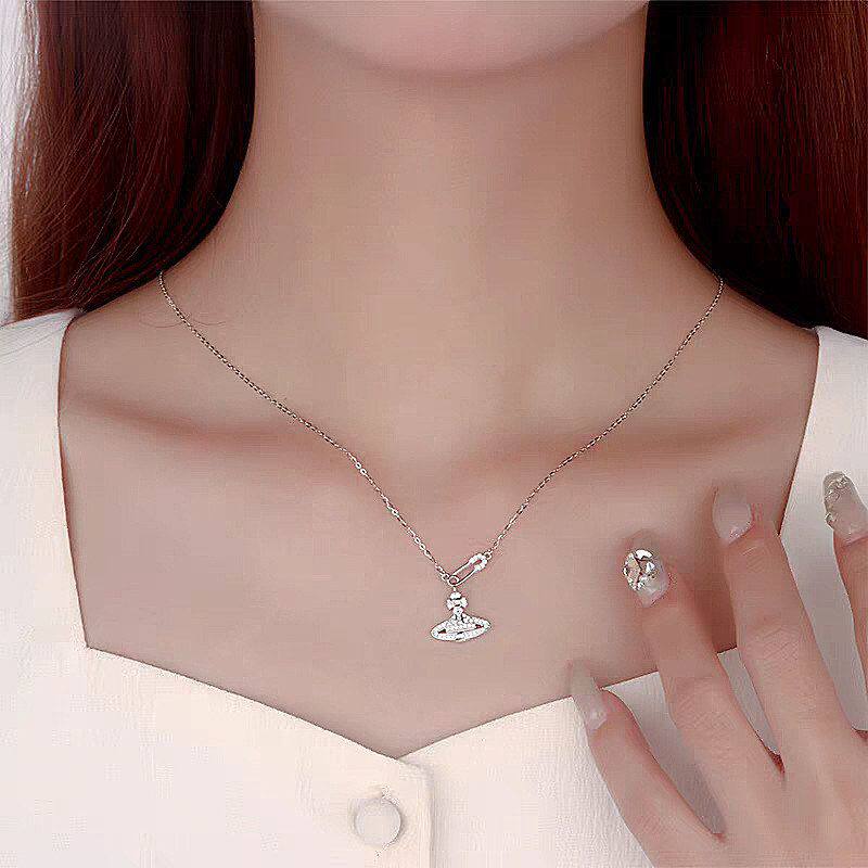 纯银S925满钻别针土星项链 女VIvienne同款个性 时尚甜美风锁骨链