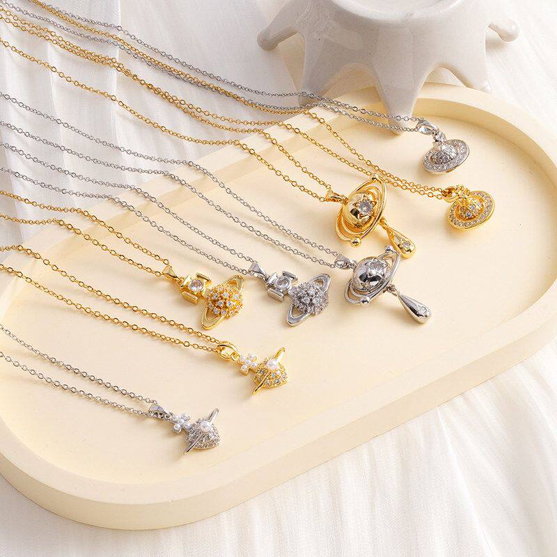 欧美跨境时尚微镶满钻土星别针钛钢项链女轻奢风设计感星球锁骨链