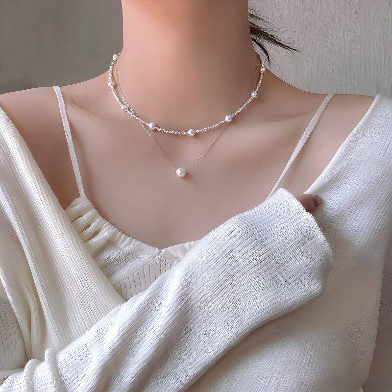 银贝6mm正圆珍珠碎银子项链925纯银锁骨链短款满天星隔珍珠超仙女