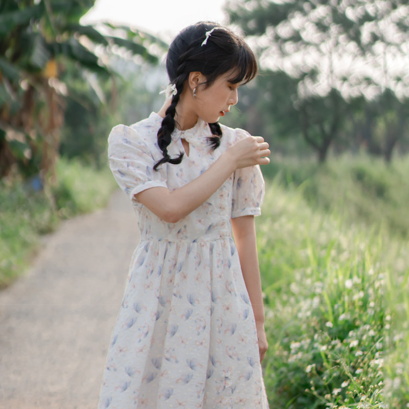 花扶原创自制 少女的日常旗袍连衣裙重工刺绣蝴蝶印花新品