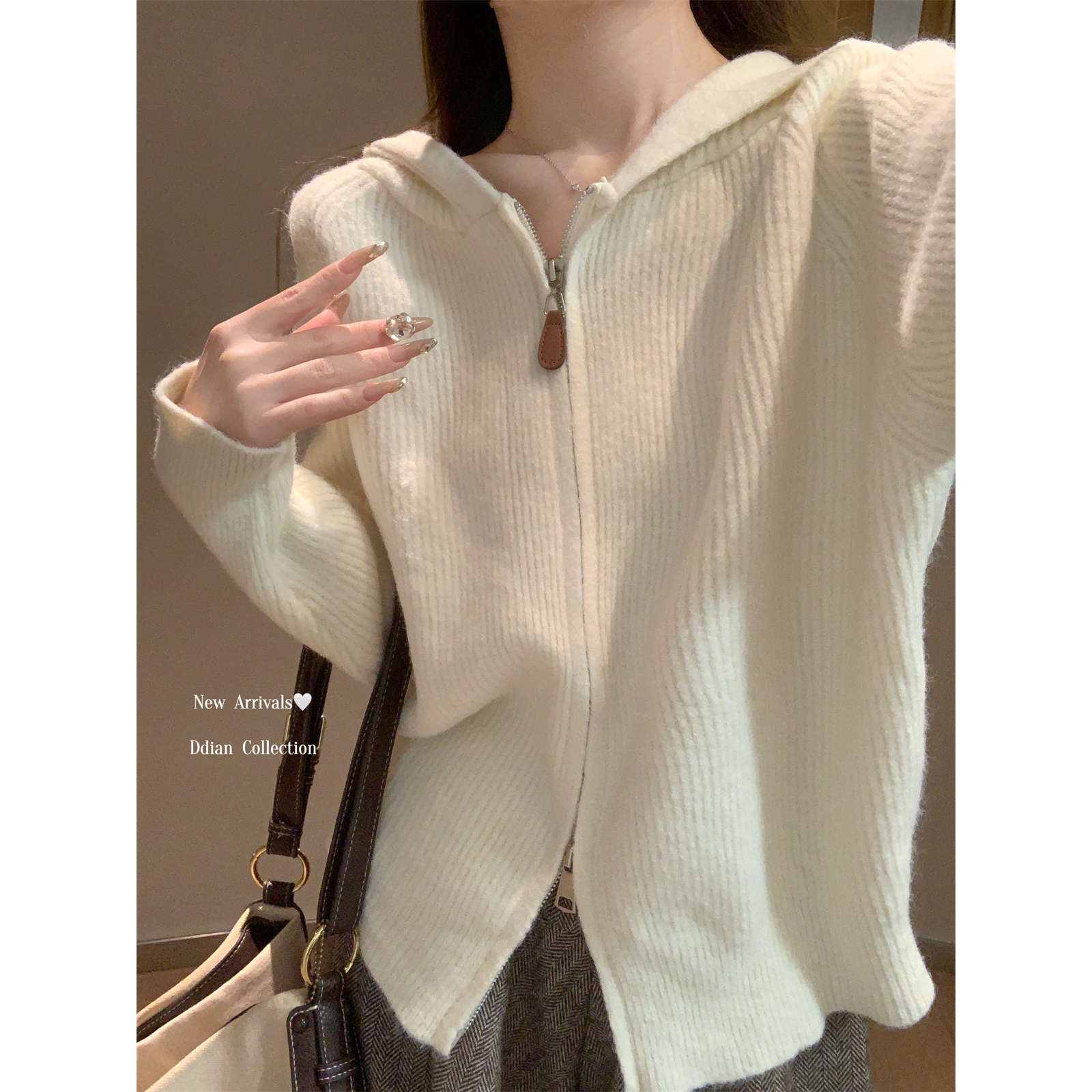 软糯连帽双拉链针织毛衣女秋冬休闲慵懒风大版长袖外套高级感上衣