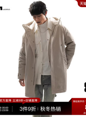 HIM汉崇 休闲条纹灯芯绒中长款连帽棉衣立体钢印压花皮章2025冬季