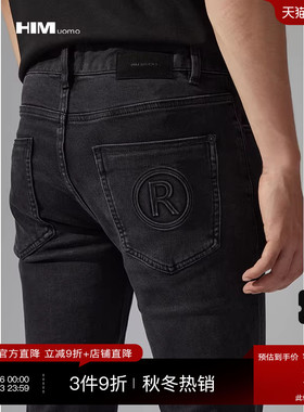 HIM汉崇 经典黑色洗水做旧修身弹力牛仔裤男【后袋压印】2025冬季