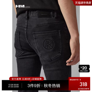 HIM汉崇 经典黑色洗水做旧修身弹力牛仔裤男【后袋压印】2025冬季