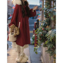 新年战袍学院风圣诞红色蝴蝶结大衣女秋冬季小个子中长款连帽外套