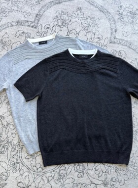 ICE UP 鳞纹编织立体纽花假两件短袖肌理感费尔岛休闲针织圆领T恤