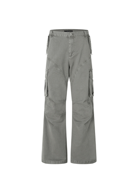 ICE UP重磅水洗做旧拼接破坏vintage直筒阔腿复古口袋伞兵工装裤