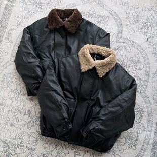 ICE UP可拆卸羊羔毛领新雪丽高填充短宽复古PU皮衣夹克棉服厚外套
