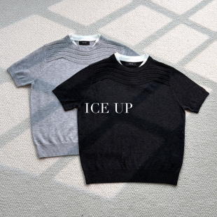 ICE UP鳞纹编织立体纽花假两件短袖肌理感费尔岛休闲针织圆领T恤