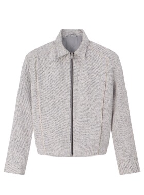 ICE UP日产灰白编织粗花呢小香风百搭通勤夹克短款宽松拉链外套