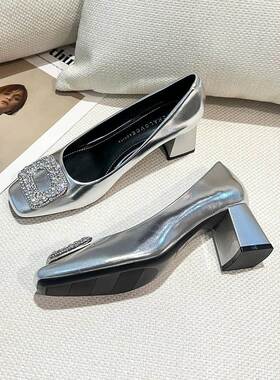 Craes Kally推荐质地！法国方趾莱茵石高跟鞋女性新浅口专业鞋