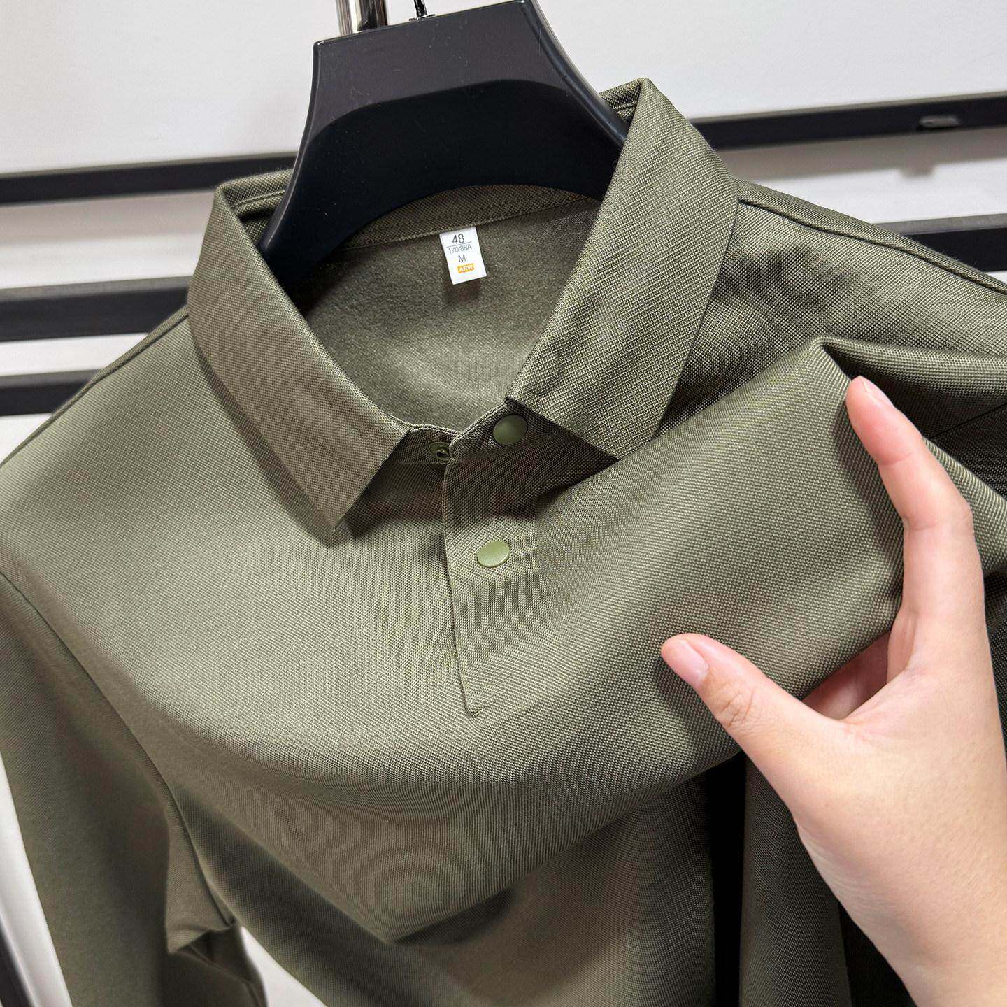 高档丝光棉长袖POLO衫男秋冬季磨毛商务休闲冰丝翻领t恤打底上衣