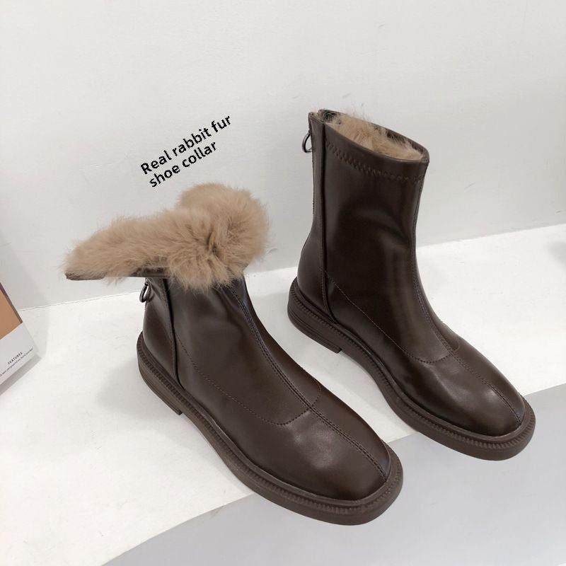 香港冬季2025方头软皮弹力瘦瘦靴女韩版马丁靴中筒加绒骑士靴短靴,女鞋,骑士靴,淘宝优惠券,粉丝福利购,淘宝优惠卷