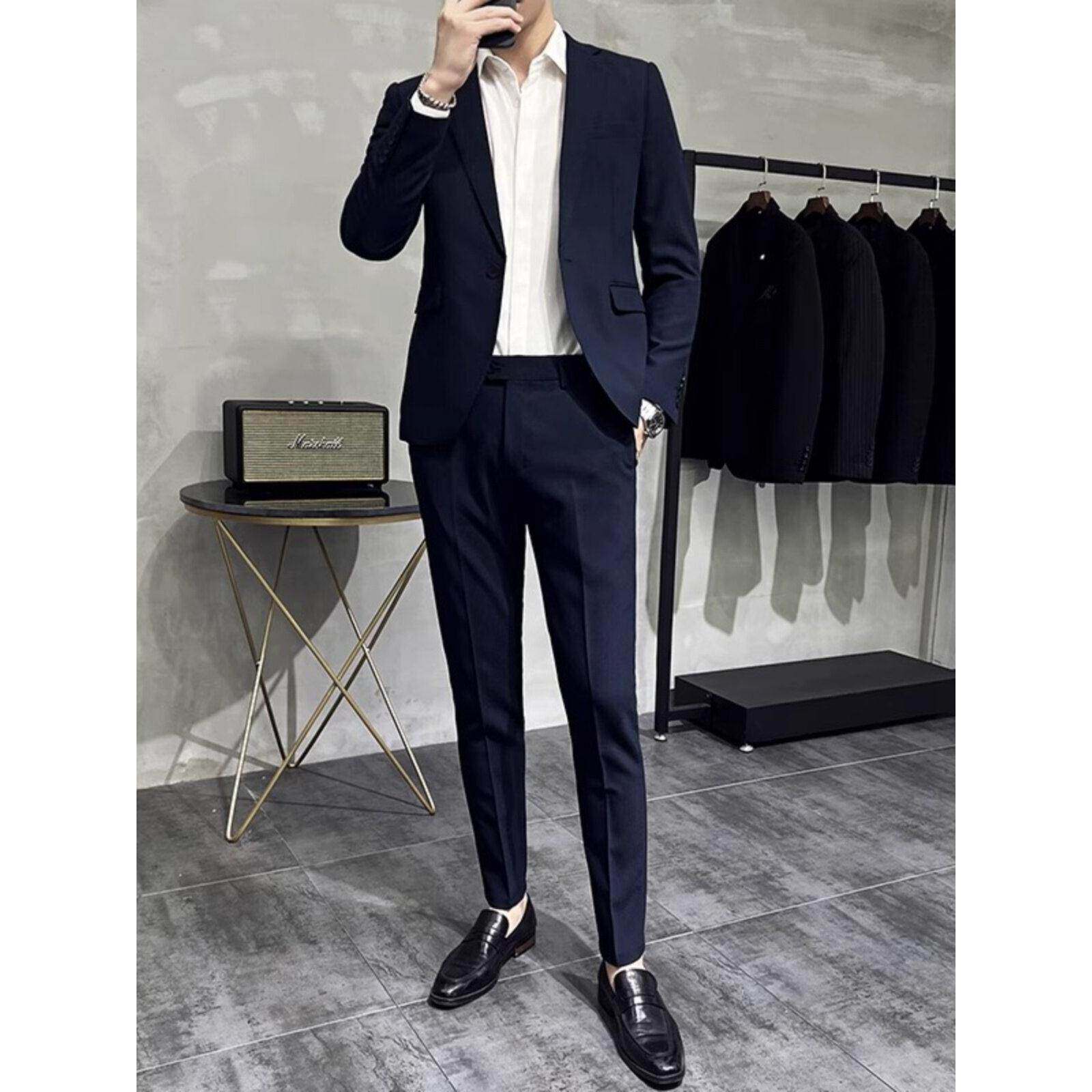 休闲西装套装男高级感商务职业正装韩版修身潮流西服新郎结婚礼服