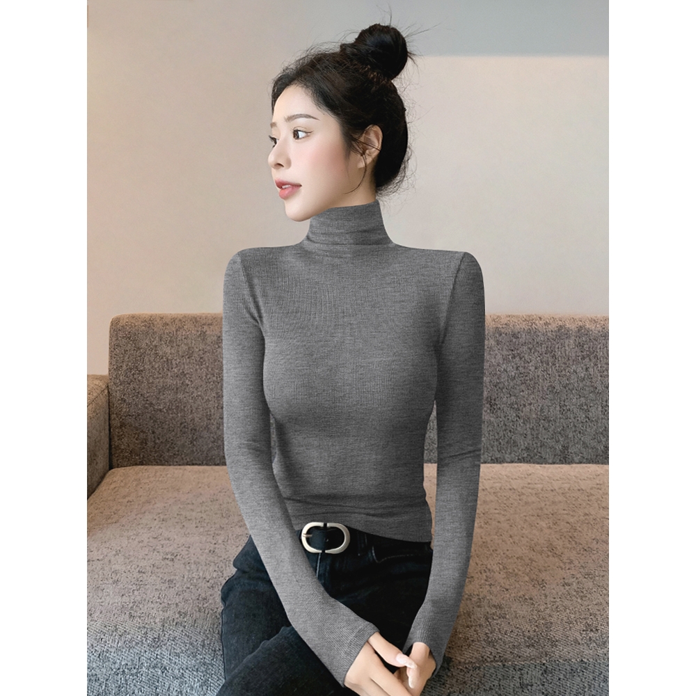 专柜灰色螺纹高领打底衫女2025春秋新款修身洋气内搭长袖针织上衣