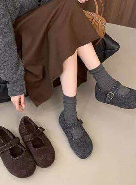 香港内增高毛呢加绒玛丽珍鞋冬季新款勃肯鞋灰色毛毛鞋女保暖单鞋