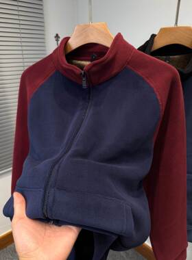 Mostarsea~重磅奥粒绒卫衣男秋冬加绒加厚开衫拼色插肩袖立领外套