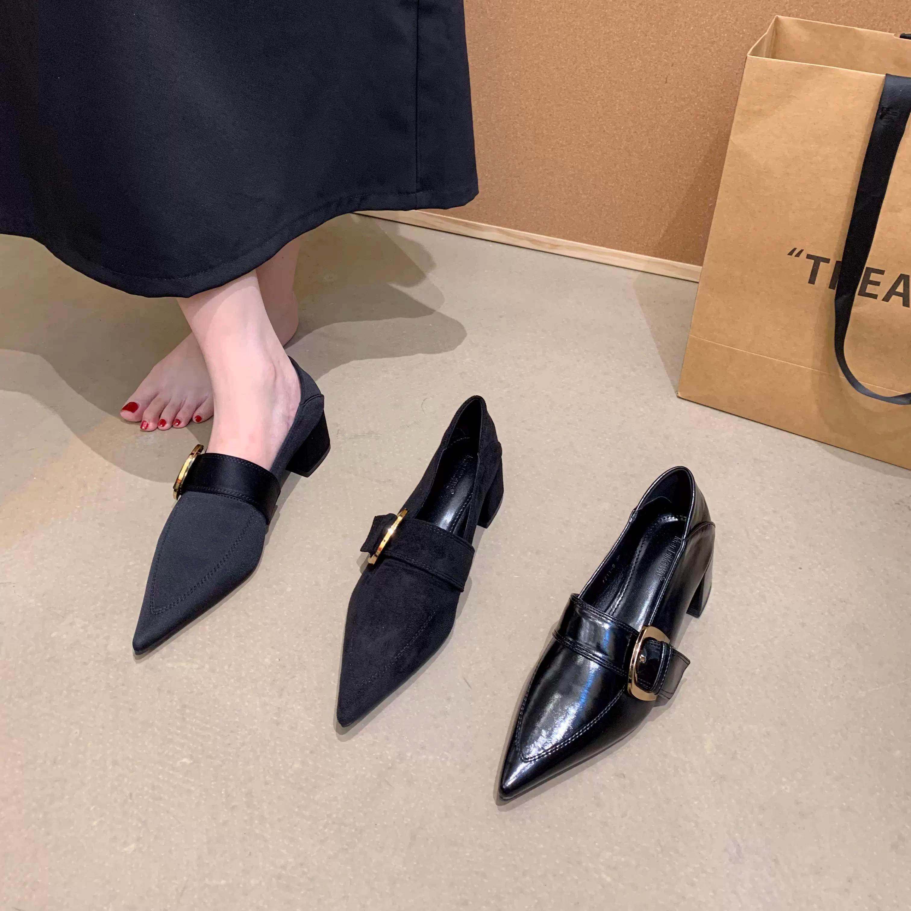 香港2025冬季新款复古尖头平底真皮金属扣深口小皮鞋瓢鞋单鞋女潮,女鞋,浅口单鞋,淘宝优惠券,粉丝福利购,淘宝优惠卷