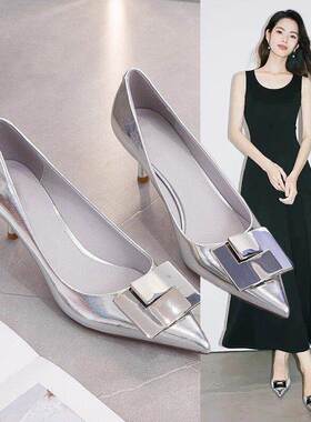 香港尖头方扣浅口单鞋女细跟2025春秋新款法式仙女百搭工作高跟鞋