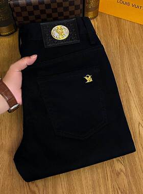 欧洲站潮牌刺绣黑色牛仔裤男秋冬季厚款高端修身小脚水洗弹力长裤