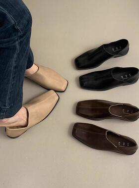 香港可踩脚复古方头小皮鞋女英伦风春季休闲一脚蹬软皮平底乐福鞋