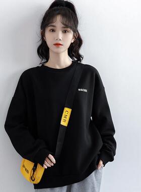 韩国2025新款黑色圆领卫衣女春秋休闲宽松慵懒风冬外套加绒上衣潮