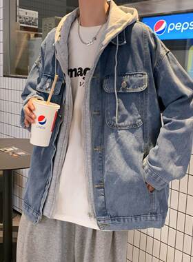 韩版痞帅牛仔夹克外套男春秋潮牌ins连帽宽松百搭潮流假两件上衣