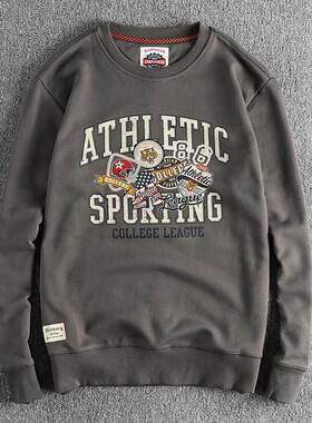 美式橄榄球覆古运动字母图案圆领卫衣男厚实毛圈套头潮流上衣长袖