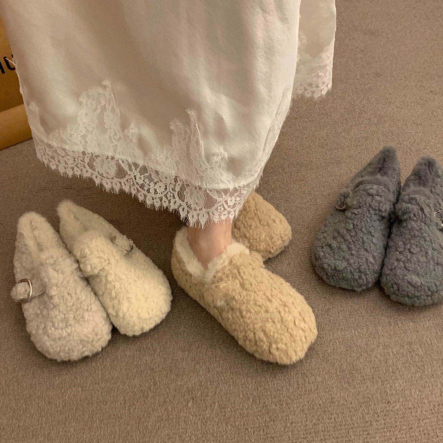 香港羊羔毛毛鞋女冬外穿新款仙女风加绒保暖棉鞋一脚蹬平底豆豆鞋,女鞋,毛毛鞋,淘宝优惠券,粉丝福利购,淘宝优惠卷