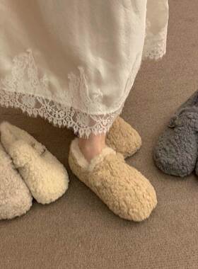 香港羊羔毛毛鞋女冬外穿新款仙女风加绒保暖棉鞋一脚蹬平底豆豆鞋