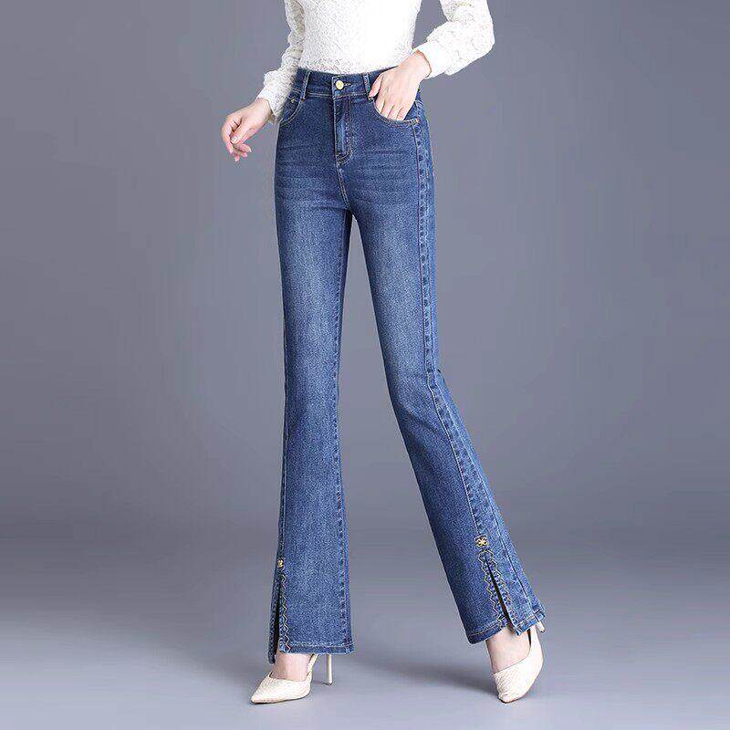 大码牛仔裤女2025秋季新款松紧腰微喇喇叭裤中年妈妈高腰开叉长裤