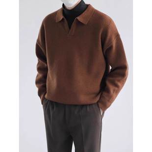 GM新潮 男POLO衫翻领毛衣男款秋冬季宽松加厚内搭打底衫V领针织衫