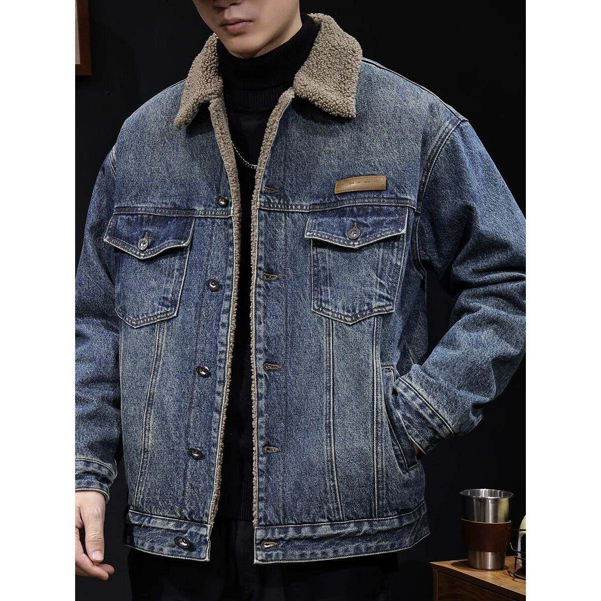 美式覆古加绒加厚牛仔衣外套男士冬季潮牌宽松羊羔绒保暖棉服夹克,男装,牛仔外套,淘宝优惠券,粉丝福利购,淘宝优惠卷